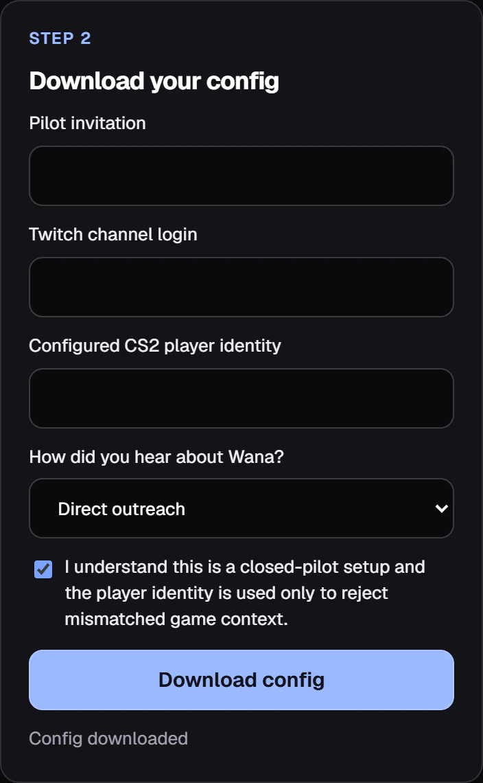 Current closed-pilot setup screen after a configuration download, with invitation, channel and player fields blank