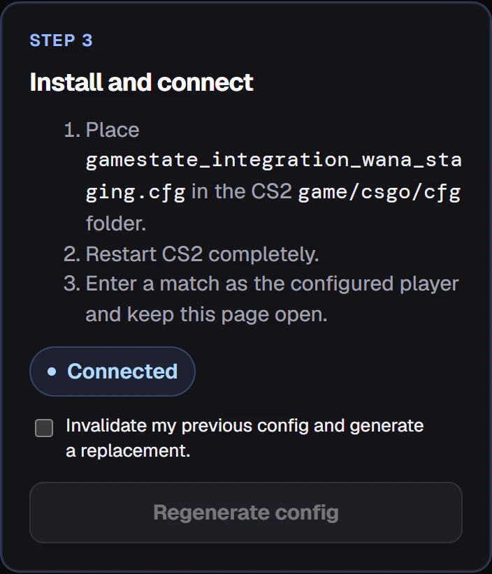 Current closed-pilot install screen showing the CS2 connection as connected